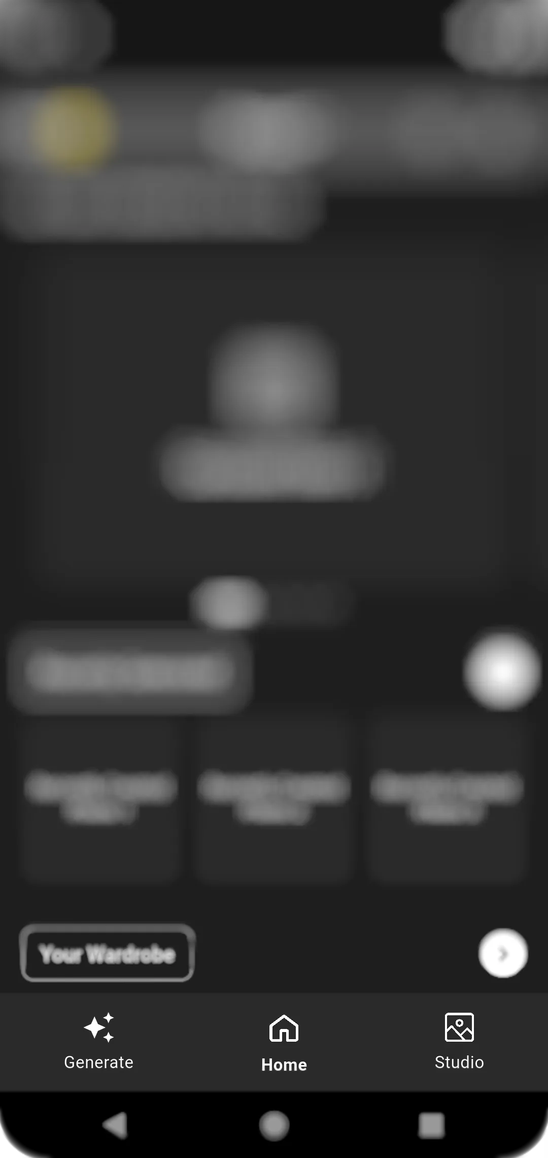 App bottom bar: Generate, Home, Studio