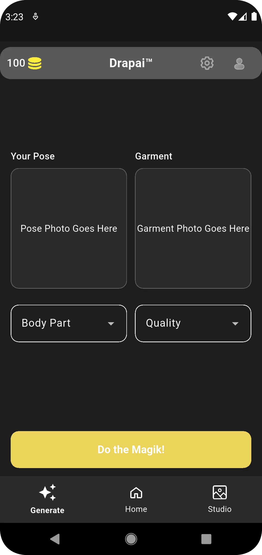 Generate screen: pose, garment, options